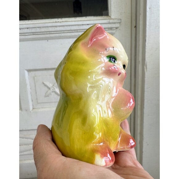 Vintage 50's Yellow Ceramic Cat Kitten Planter Pot Vase Kitsch Retro - Picture 14 of 14